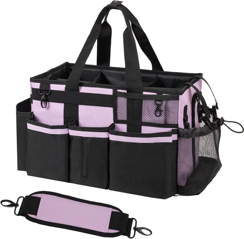 SCAVATA Wearable Cleaning Caddy, Cleaning Caddy Supplies Organizer with Handle & Shoulder Straps for Housekeepers, Under Sink & Car Cleaning Tool Organizers Bag with 4 Foldable Divider (Lilac) - Image 1